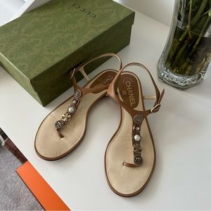 Interlocking CC Logo Leather T-Strap Sandals